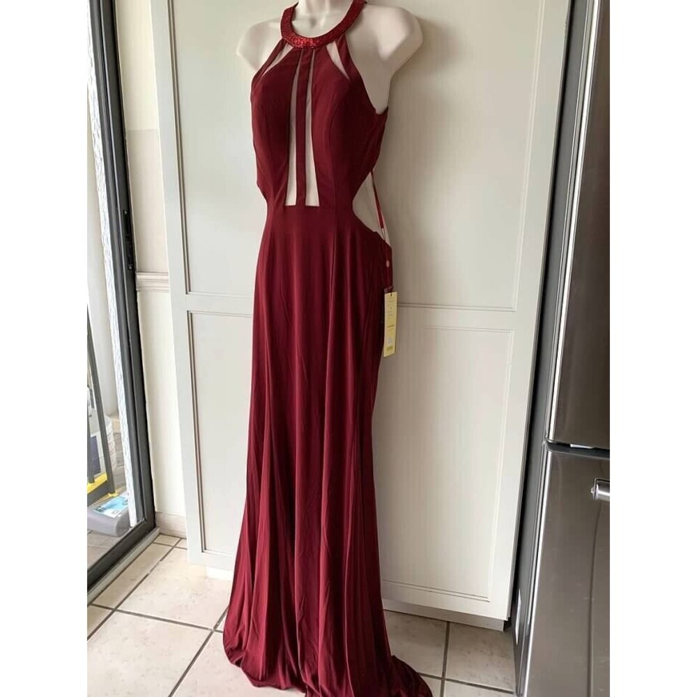 May Queen Burgundy Strappy Side-Slit Gown Women's Size 6